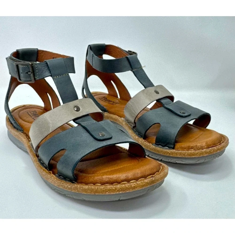 Born Tropi Sandals Womens Size 8 38-39 Leather Gladiator Blue Taupe Ankle Strap